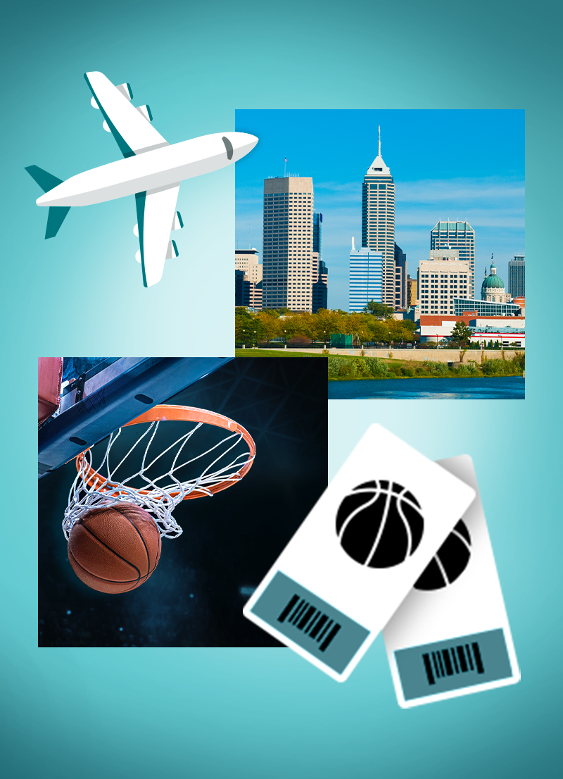 Plane, Indianapolis skyline, basketball in hoop and basketball tickets.