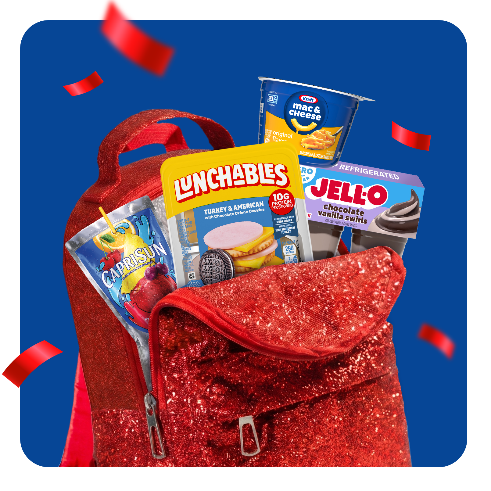 A glittery red backpack full of Kraft food products.