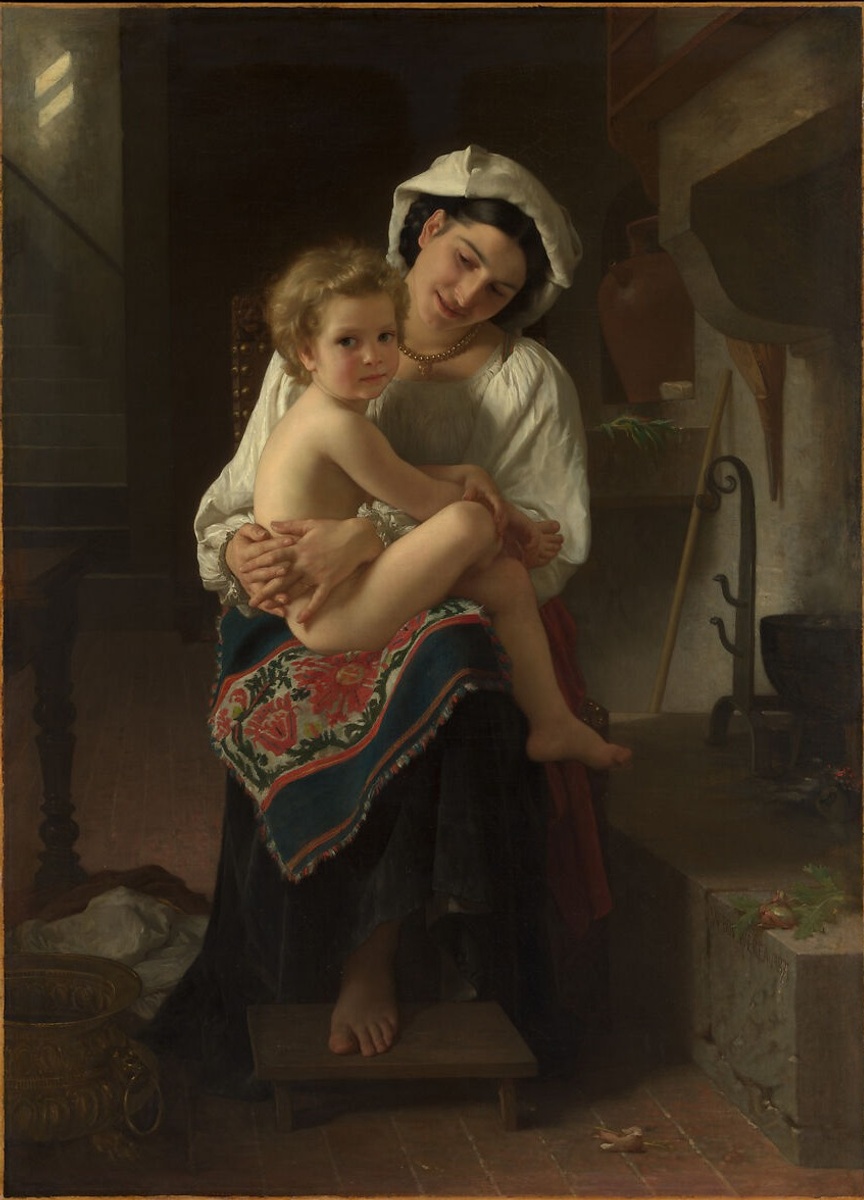 Painting of a woman seated by a hearth, gently holding a young child on her lap in a warm, domestic interior.