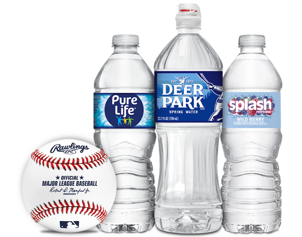 Pure Life, Deer Park, and Splash water bottles with Rawlings baseball