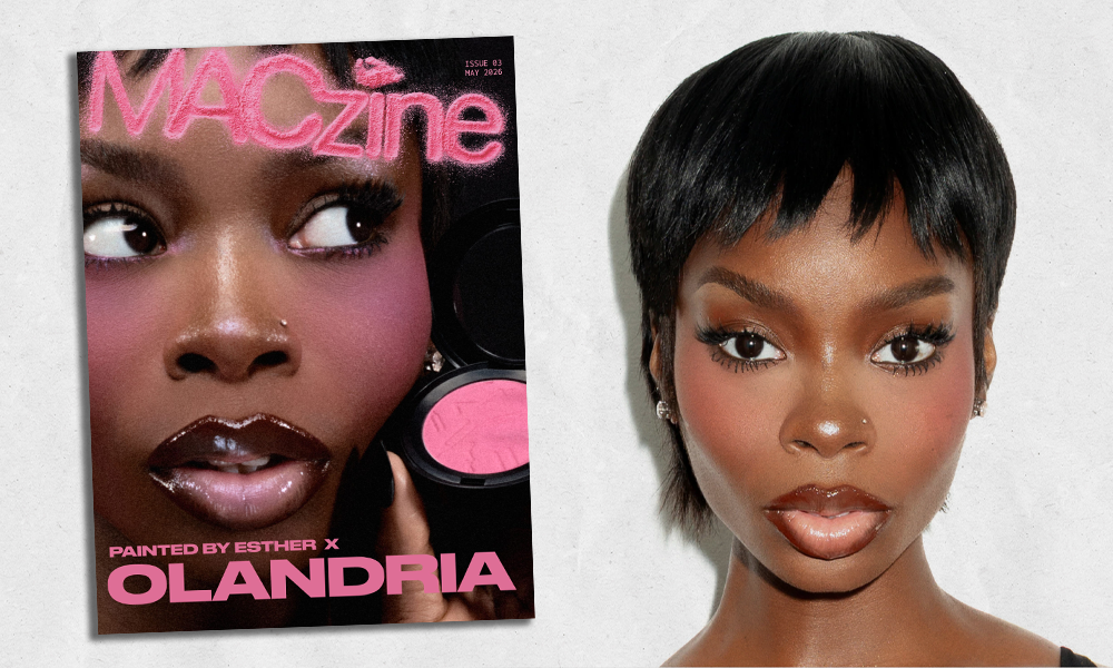 A split image featuring a faux magazine cover titled "MACzine" next to a close-up beauty portrait of a woman with a short pixie haircut and glossy lip makeup.