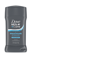 A container of Dove Men+Care Max Protection Clean Comfort Invisible Solid against a black background with white text.