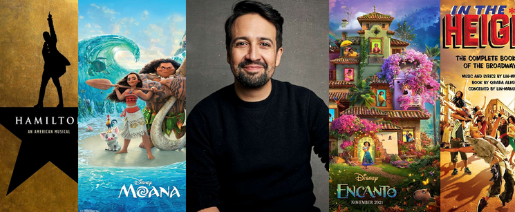 A portrait of Lin-Manuel Miranda flanked by posters for Hamilton, Moana, Encanto, and In the Heights.