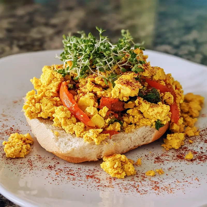 Turmeric tofu scramble with bell peppers on a biscuit.