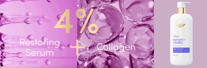 Gif of the 4 types of Dove Serum body wash and their benefit. 