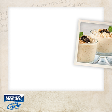 Nestlé Media Crema photo frame with a black photo area and an overlapping photo of two creamy rice-based desserts, with the Media Crema logo below. / Marco para foto de Nestlé Media Crema con un espacio negro para una foto y una foto superpuesta de dos postres cremosos a base de arroz, con el logotipo de Media Crema debajo.