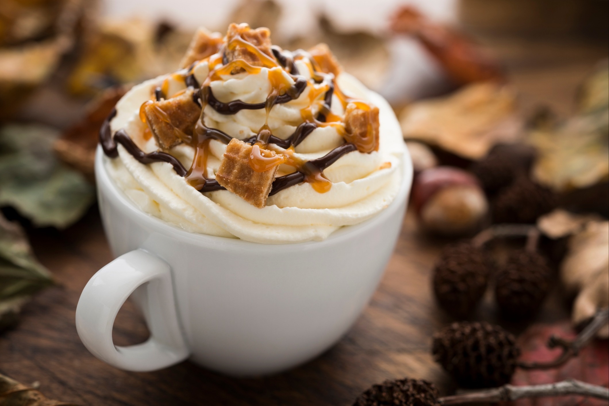 A white mug filled with hot chocolate, whipped cream, chocolate and caramel drizzle, and cookie pieces. 