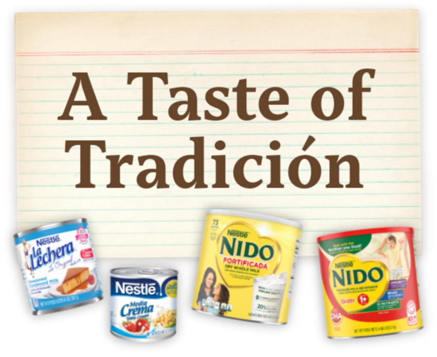 Graphic with the headline ‘A Taste of Tradición’ above images of four Nestlé products: La Lechera sweetened condensed milk, Media Crema table cream, Nido Fortificada dry whole milk, and Nido Kinder 1+ toddler milk beverage. / Gráfico con el título ‘A Taste of Tradición’ sobre imágenes de cuatro productos Nestlé: leche condensada azucarada La Lechera, Media Crema, leche entera en polvo Nido Fortificada y bebida de leche para niños pequeños Nido Kinder 1+.