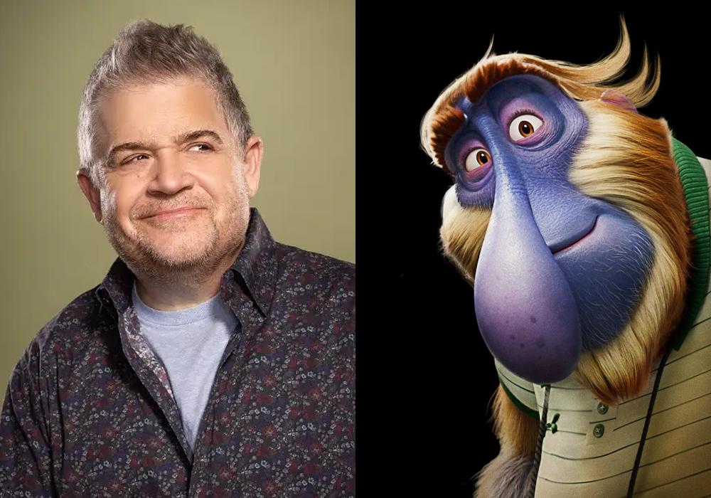 Side-by-side of actor Patton Oswalt and a wise-looking animated mandrill wearing a polo shirt.