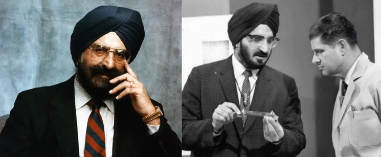 A split image featuring a modern color portrait of fiber optics pioneer Narinder Singh Kapany alongside a vintage black-and-white photo of him working in a laboratory.