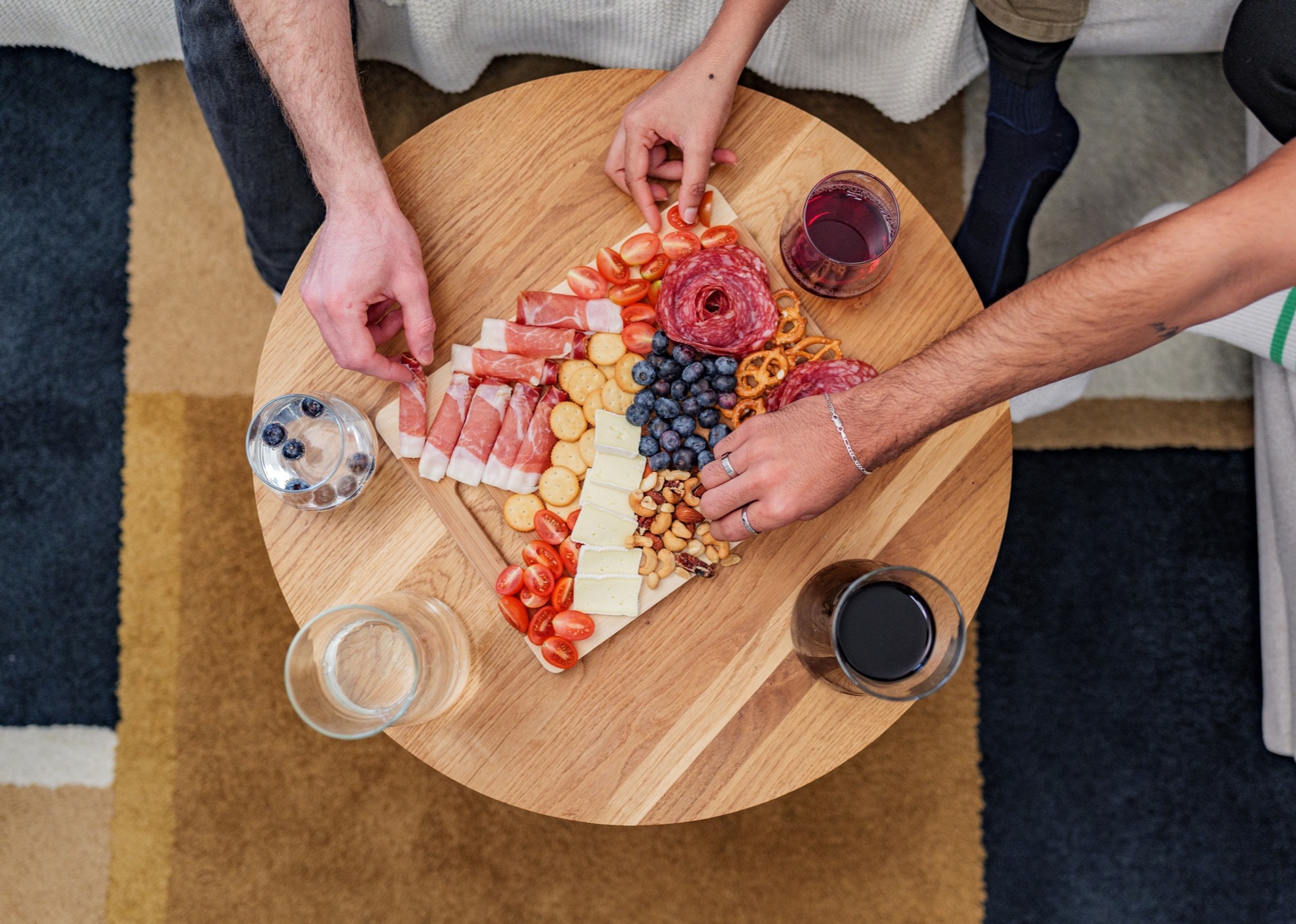 Overhead shot of a charcuterie board