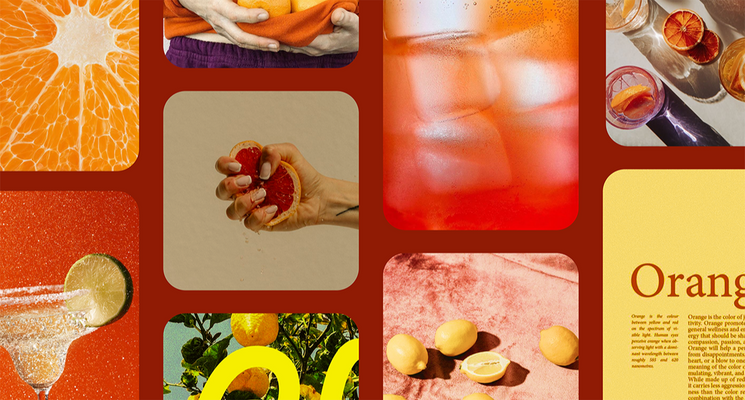 A moodboard of citrus, including orange flavored drinks, close up images of orange fruit, and citrus themed typography and branding.