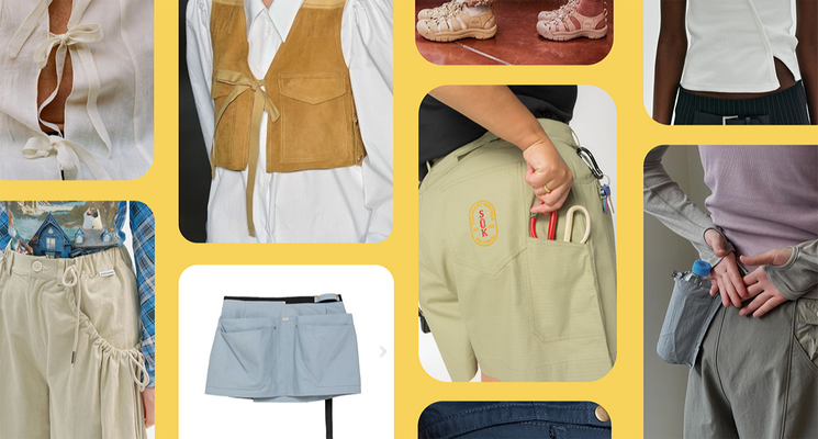 A moodboard of fashion inspired by soft utility, showcasing silhouettes with big pockets, bowed up linen shirts combined with cargo textures, and comfortable but ready for spring shoes. 