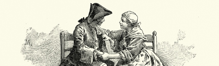 Black-and-white vintage illustration of an 18th-century couple seated on a bench, holding hands and leaning toward each other in an intimate, tender moment.