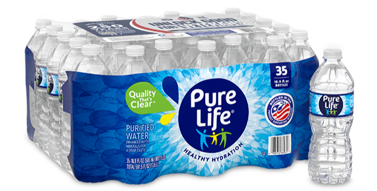 35-pack of Pure Life purified bottled water with a single bottle displayed beside it.