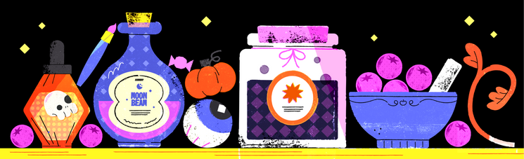 An illustration of Halloween and witch inspired ingredients for a brew, such as potions and herbs.