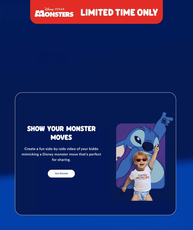 "Unleash your little monster," Limited Time Only Disney-branded Huggies, Huggies Wipes and Pull-Ups with site experience of stitch videos together.
