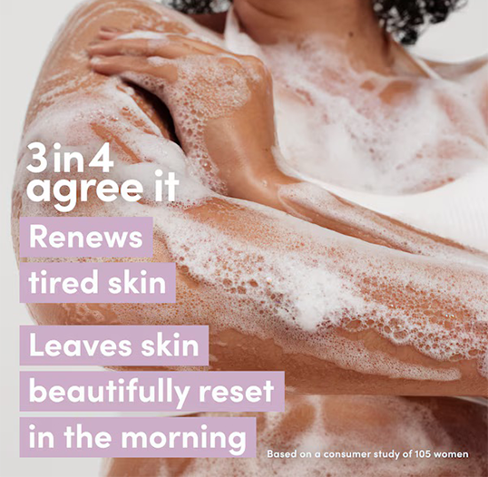 Black woman washing skin with soap. Text over image explains a statistic that 3 in 4 agree it renews skin based off a survey of 105 women. 