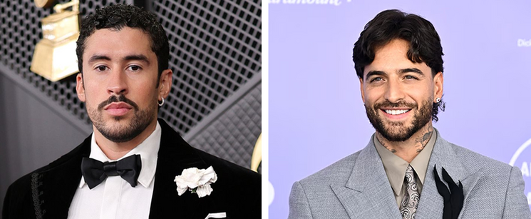Side-by-side red carpet portraits of Bad Bunny in a black tuxedo and Maluma in a grey suit.