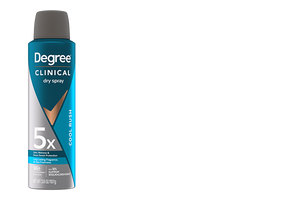 A canister of Degree Men Cool Rush Clinical Dry Spray against a black background with matching white text.