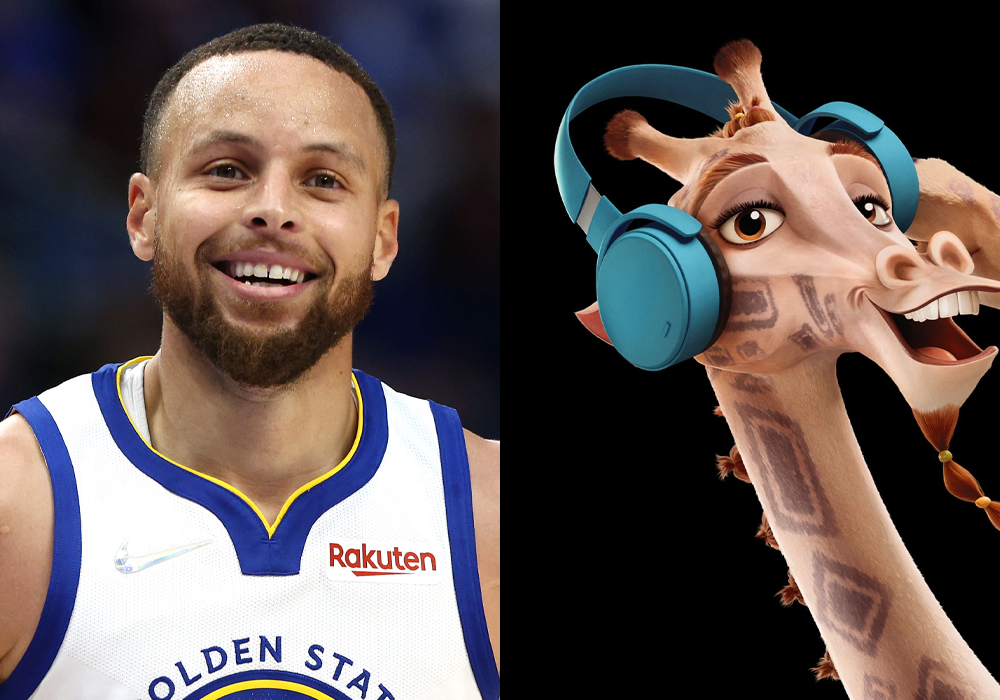 Side-by-side of NBA star Stephen Curry and a cheerful animated giraffe wearing blue headphones.