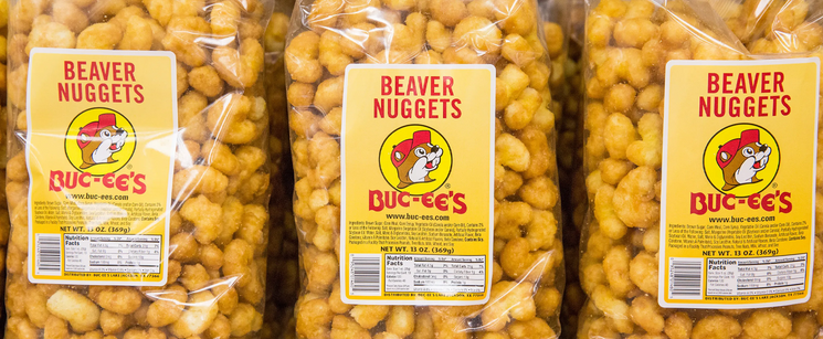 Bags of Beaver Nuggets with Buc-ee’s logo.