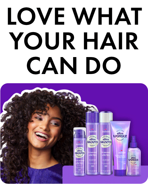 Love What Your Hair Can Do tagline with a smiling curly-haired woman and Aussie Ultra Smooth and Ultra Wonder products and Mielle products..
