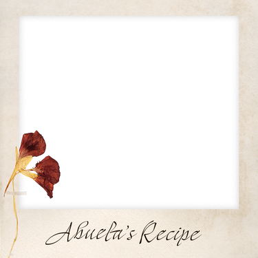 Photo frame with a blank black photo area, a dried red flower, and the text ‘Abuela’s Recipe’ below. / Marco para foto con un espacio negro vacío para una foto, una flor roja seca y el texto ‘Abuela’s Recipe’ debajo.