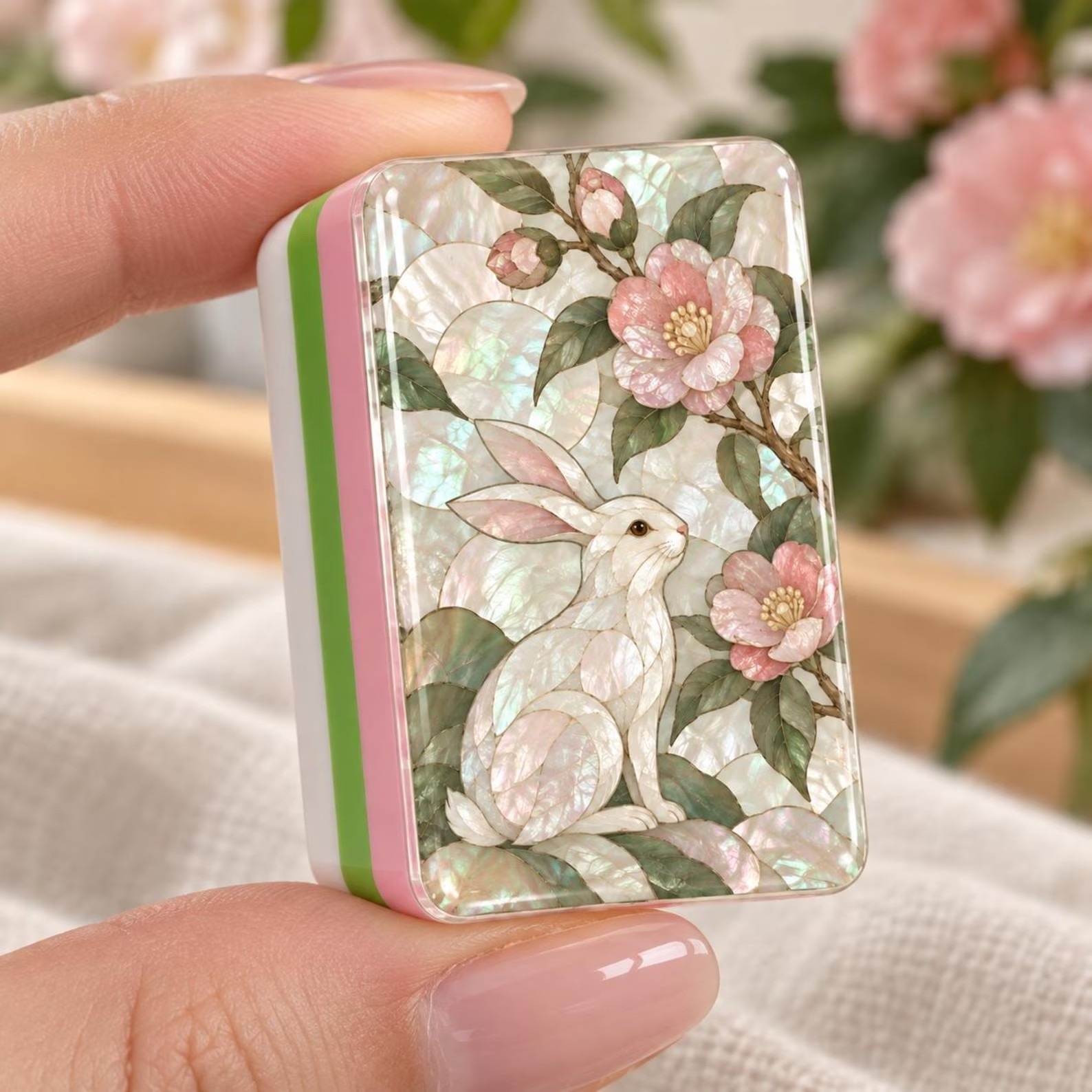 White Rabbit Mahjong Tiles, Pink Camellia Pearlescent Floral Design