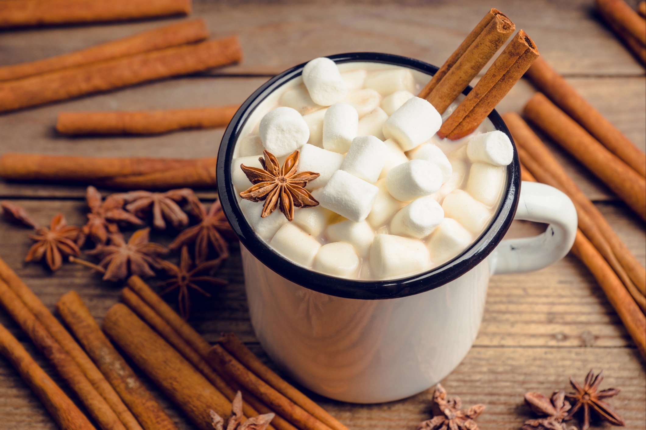 A mug of hot chocolate sits on a wooden table surrounded by cinnamon sticks, with a cinnamon stick and marshmallows in the mug.