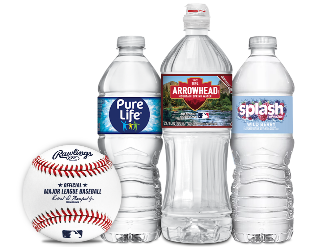 Pure Life, Arrowhead, and Splash water bottles with Rawlings baseball