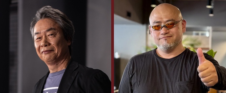 Side-by-side portraits of iconic game creators Shigeru Miyamoto and an Asian man with glasses giving a thumbs up.