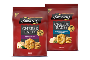 Sargento cheese bakes crackers in pepper jack and aged white cheddar.