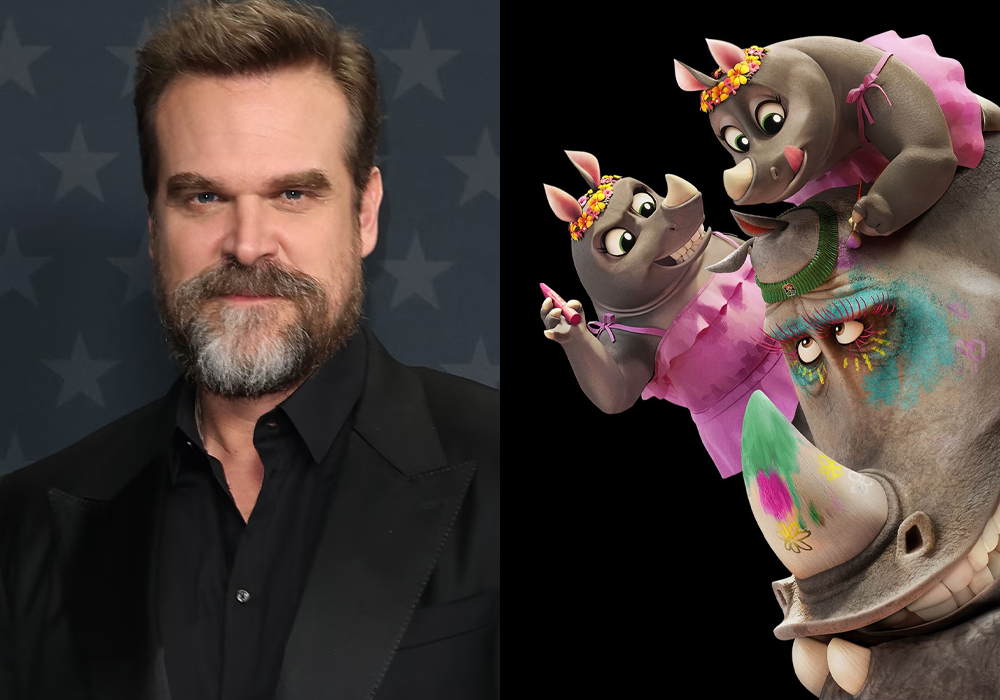 Side-by-side of actor David Harbour and a trio of playful animated rhinos wearing colorful face paint.