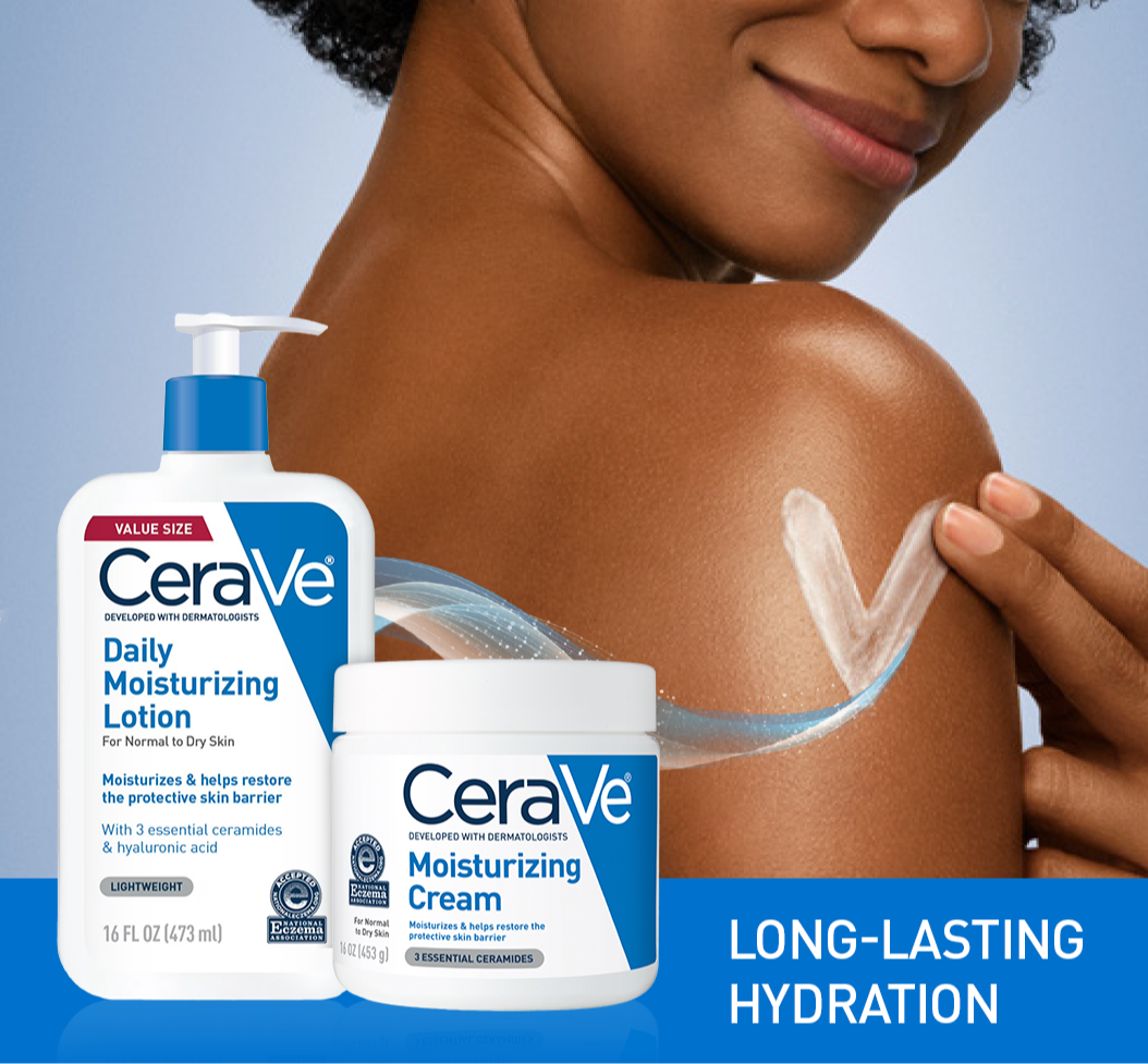 A woman showing her shoulder with lotion applied in a V-shape next to CeraVe Daily Moisturizing Lotion and Moisturizing Cream, with text reading: LONG-LASTING HYDRATION.