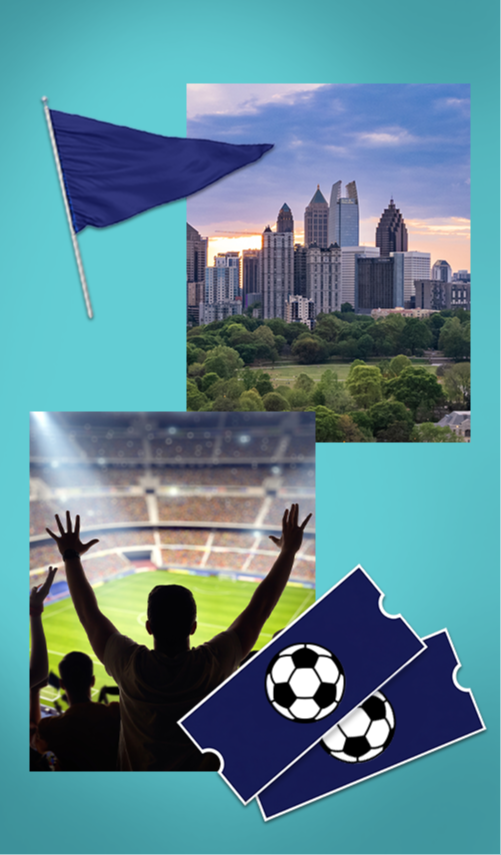 Soccer fan in stadium, city skyline and soccer tickets.