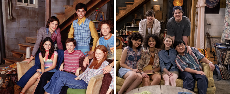 Side-by-side cast photos of the original That '70s Show and its sequel series That '90s Show.