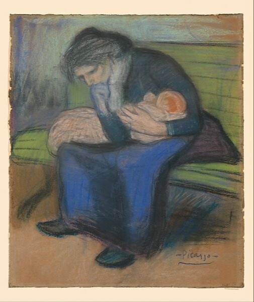 Expressionist-style painting of a seated woman cradling a sleeping child, her head bowed in a quiet, intimate moment.