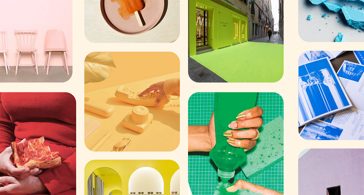 A moodboard of various monocolor aesthetic images, from red to purple.