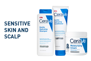 CeraVe gentle hydrating products, with text reading: SENSITIVE SKIN AND SCALP.