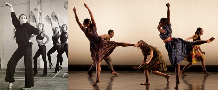 A split image showing dancers performing expressive modern and contemporary dance choreography on stage.